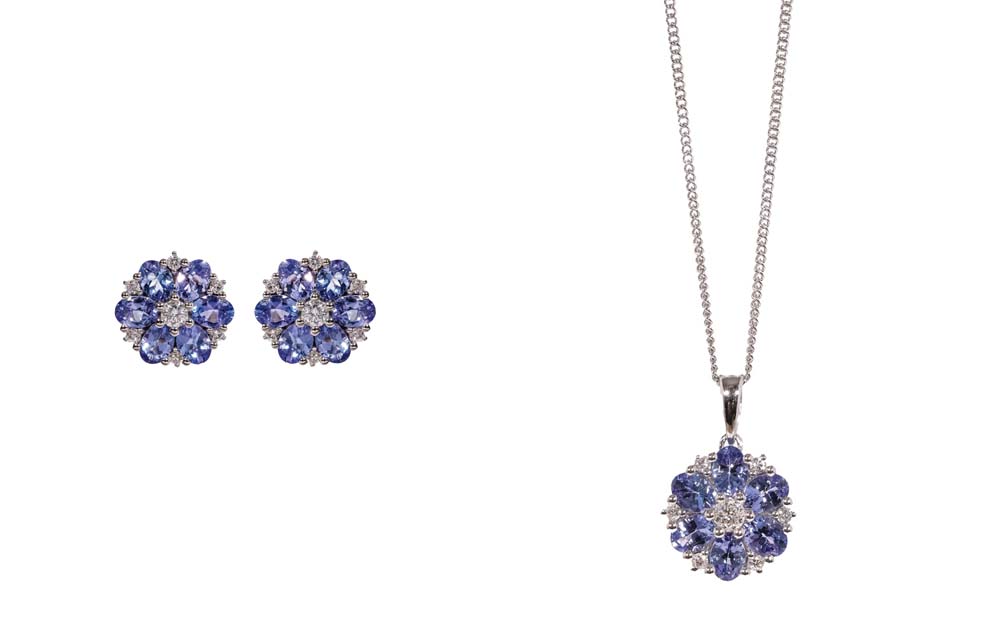 9ct White Gold Tanzanite & Diamond Cluster Earrings and Pendant