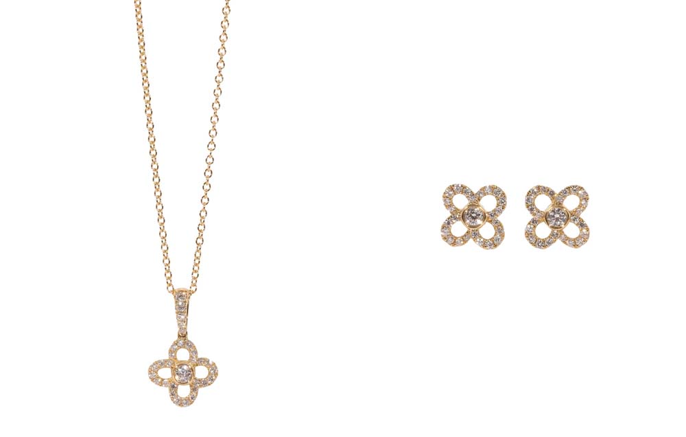 18ct Yellow Gold Diamond Set Clover Stud Earrings and Pendant