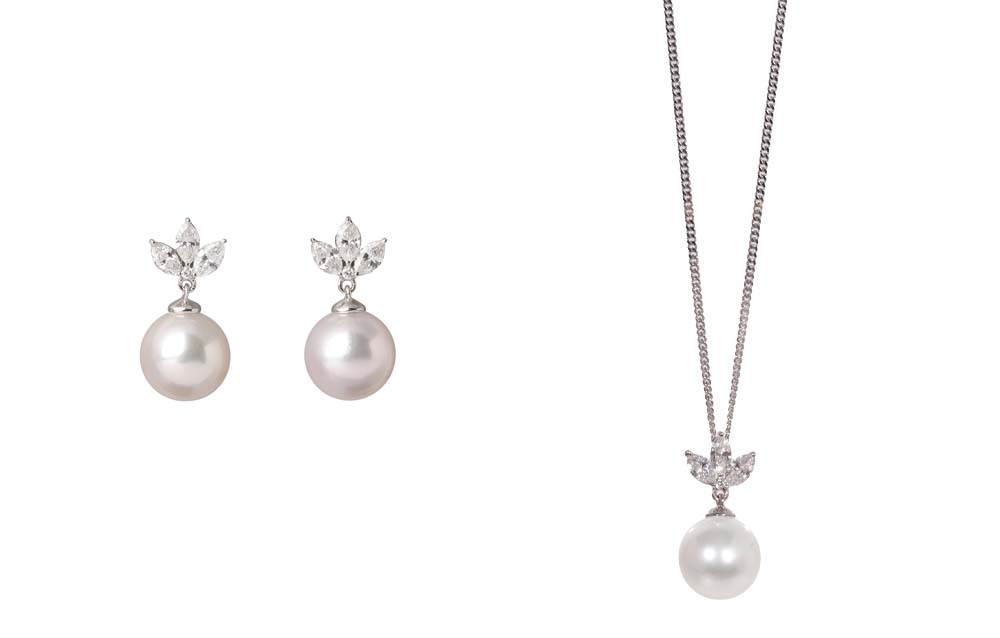 18ct White Gold Pearl & Marquise Diamond Drop Earrings and Pendant