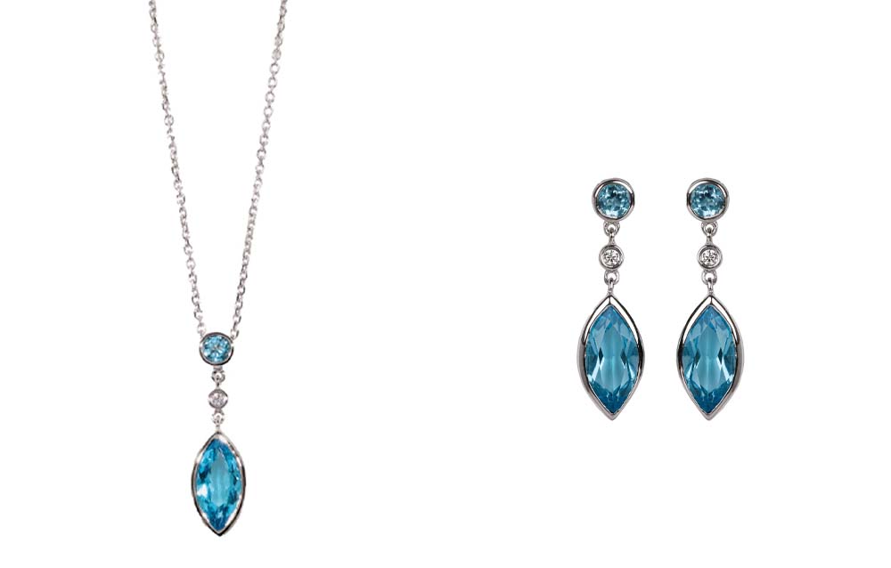 9ct White Gold Blue Topaz & Diamond Drop Earrings and Pendant