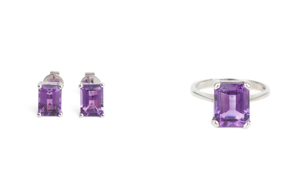 9ct White Gold Amethyst Ring and 18ct White Gold Studs