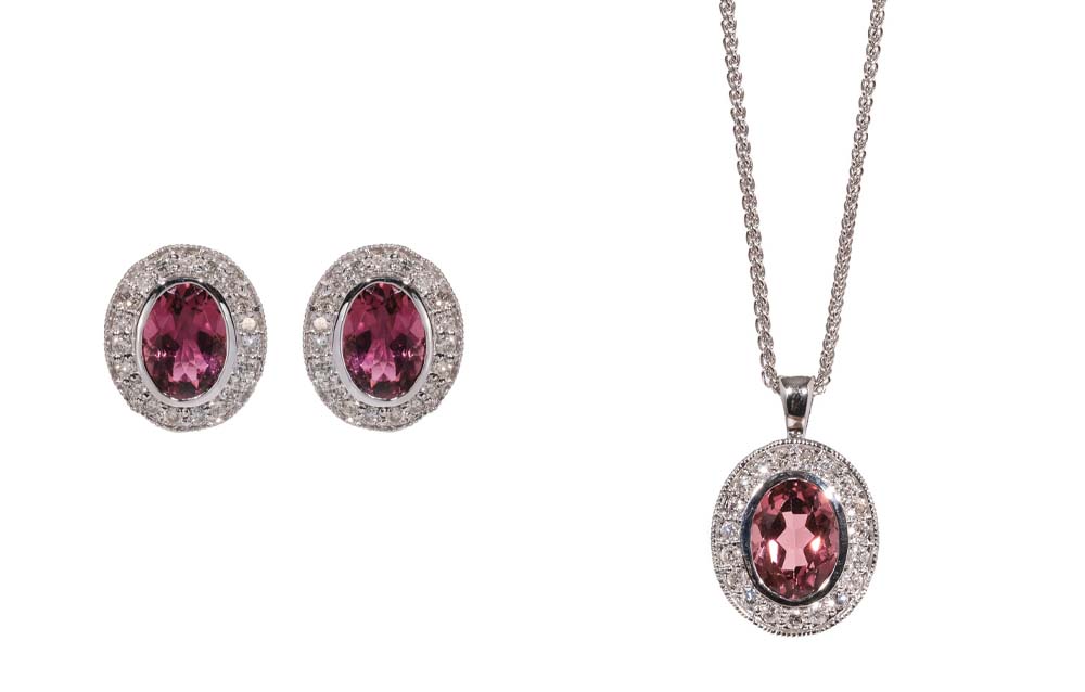 18ct White Gold Oval Tourmaline & Diamond Cluster Earrings and Pendant