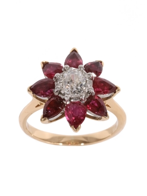 Pre Owned 18ct Yellow Gold Ruby & Diamond Cluster Ring