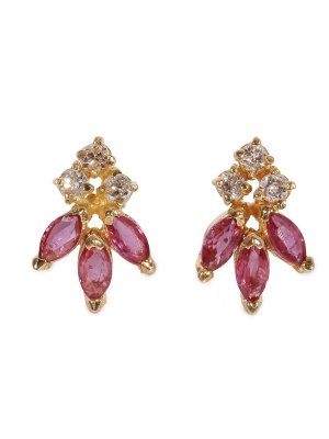 Pre Owned 18ct Yellow Gold Tripple Marquise Ruby & Diamond Stud Earrings