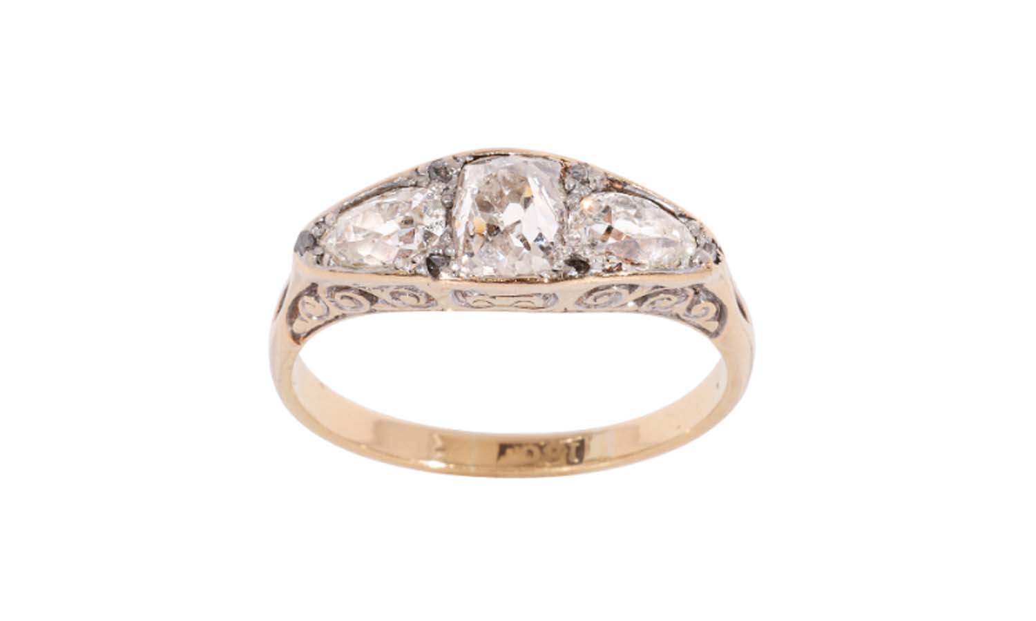 Pre Owned Three Stone Old Cut Diamond Ring 1.45ct