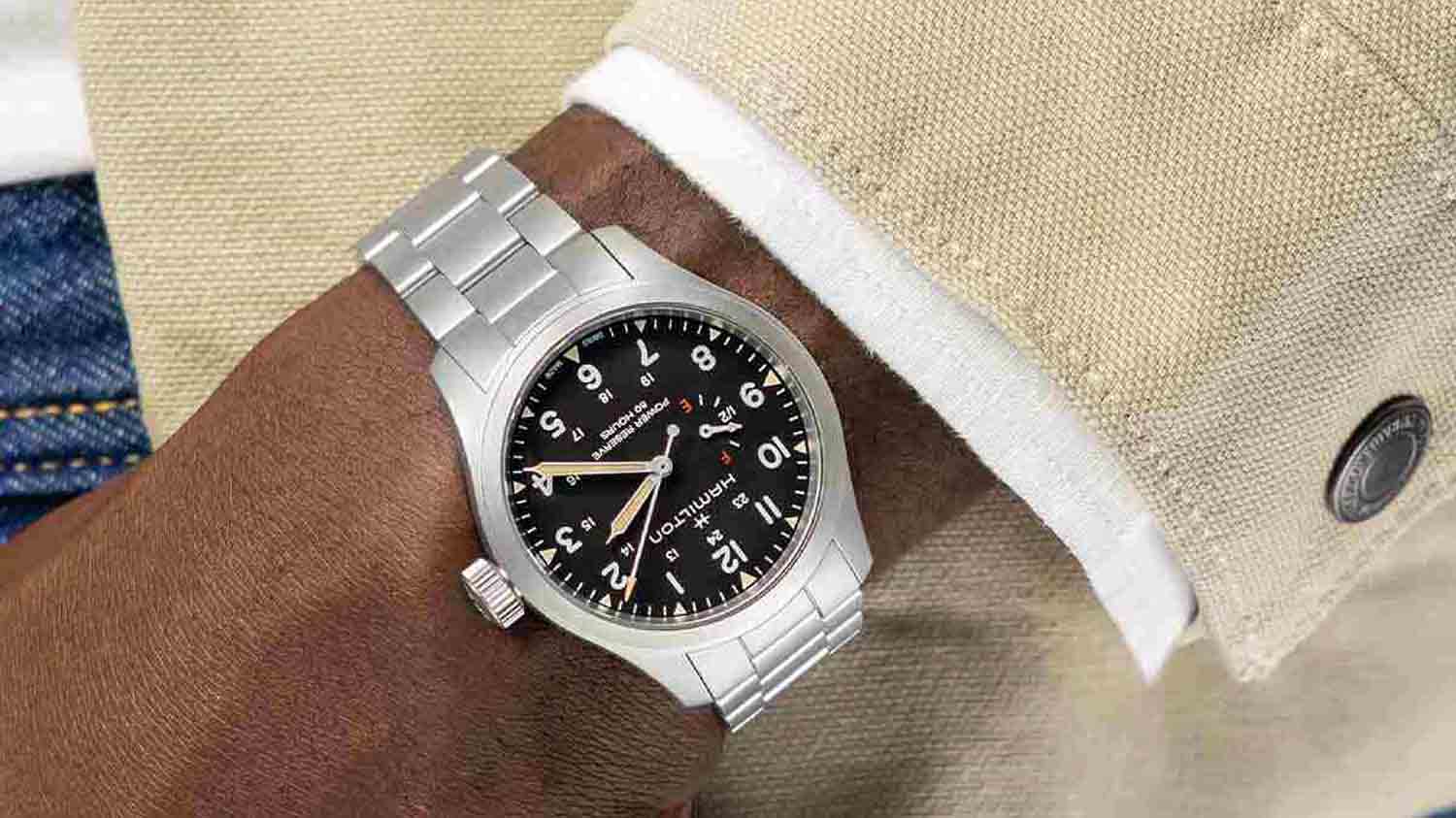 Hamilton Khaki Field Mechanical Power Reserve mens watch wrist shot