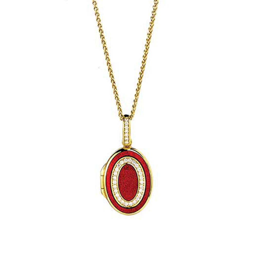 18ct Yellow Gold Red Enamel and Diamond Oval Locket