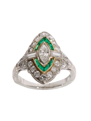 Pre Owned Platinum Emerald & Diamond Ring
