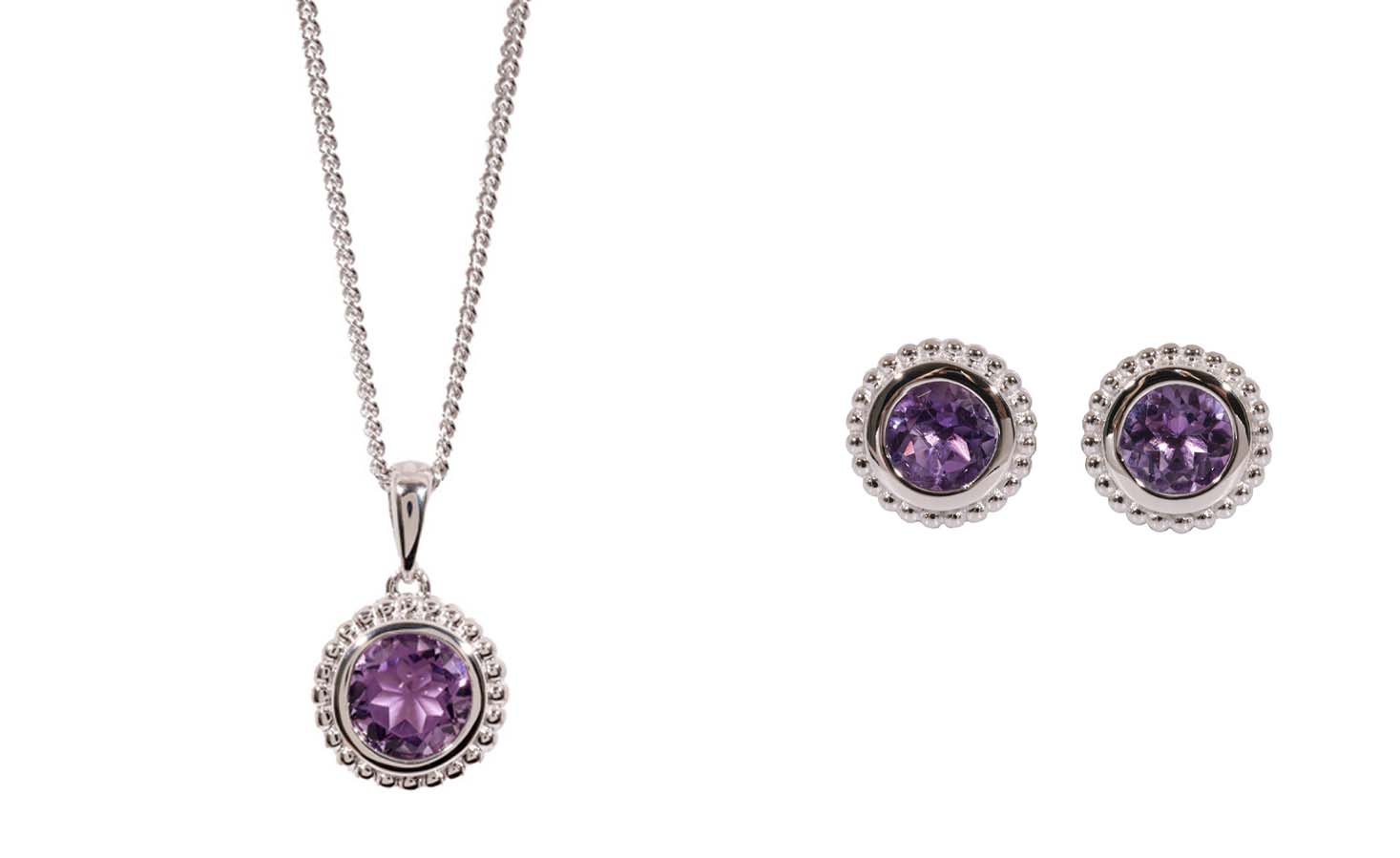 Silver Amethyst Bobble Design Round Pendant and Studs