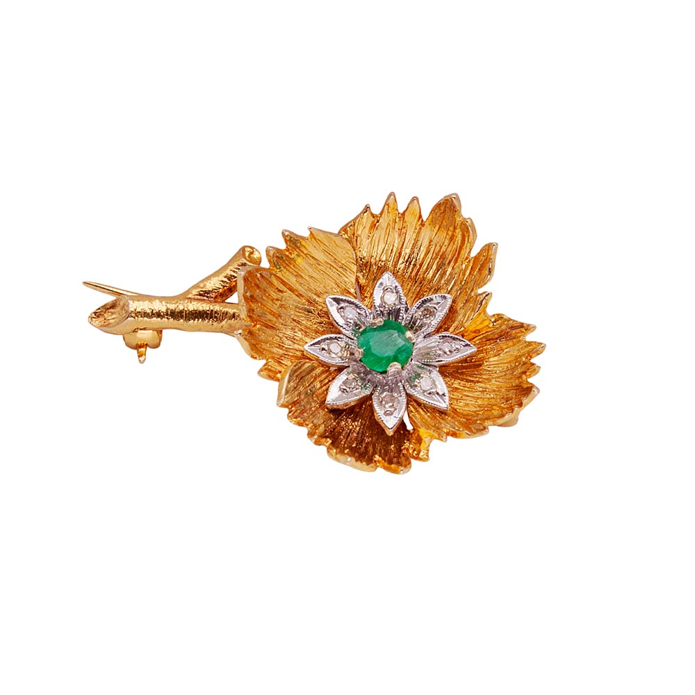 Pre Owned Emerald & Diamond Flower Brooch
