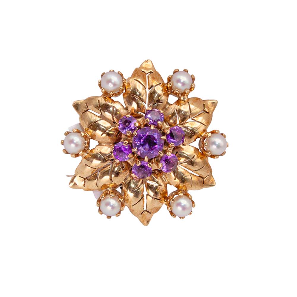 Pre Owned Amethyest & Pearl Leaf Brooch