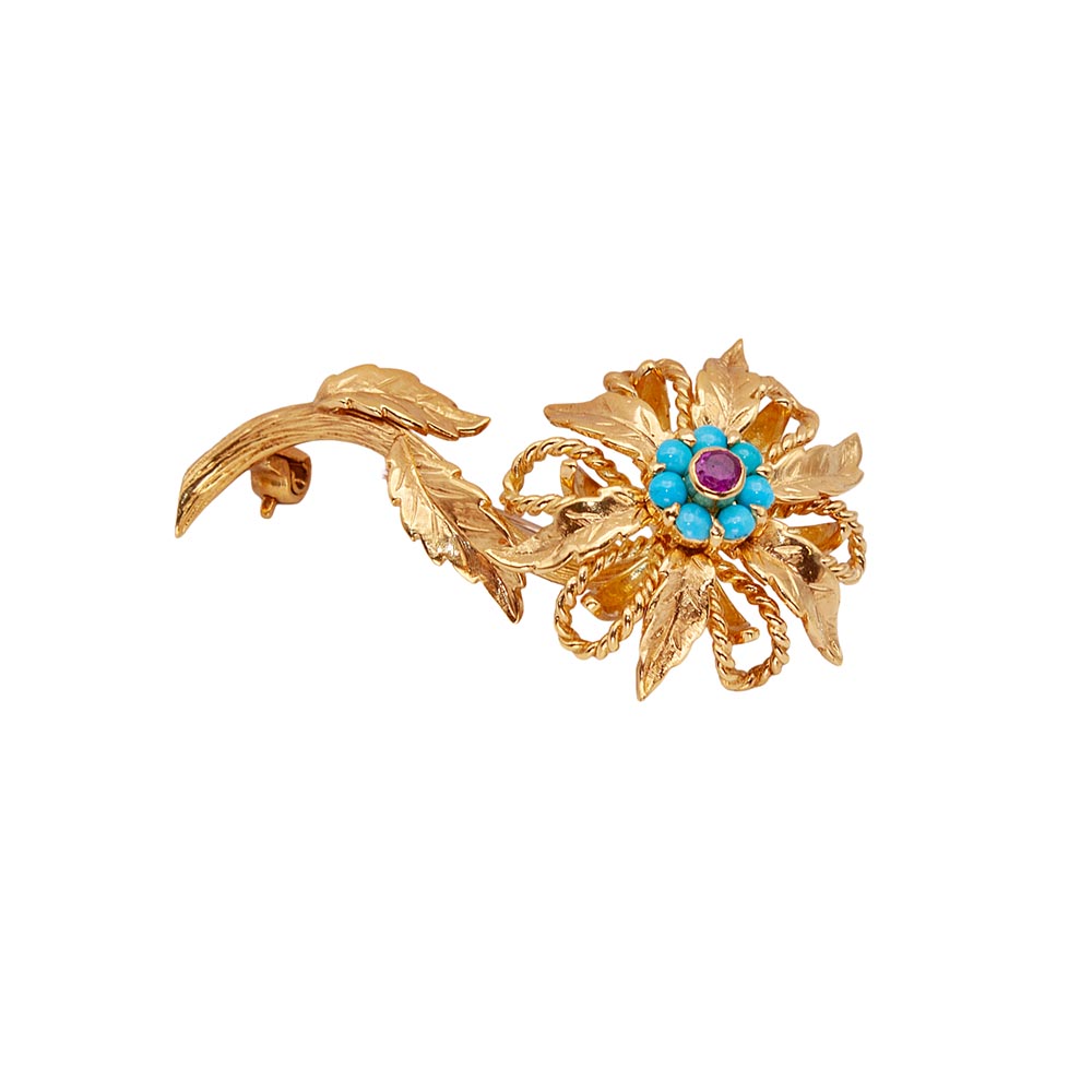 Pre Owned Ruby & Turquoise Flower Brooch